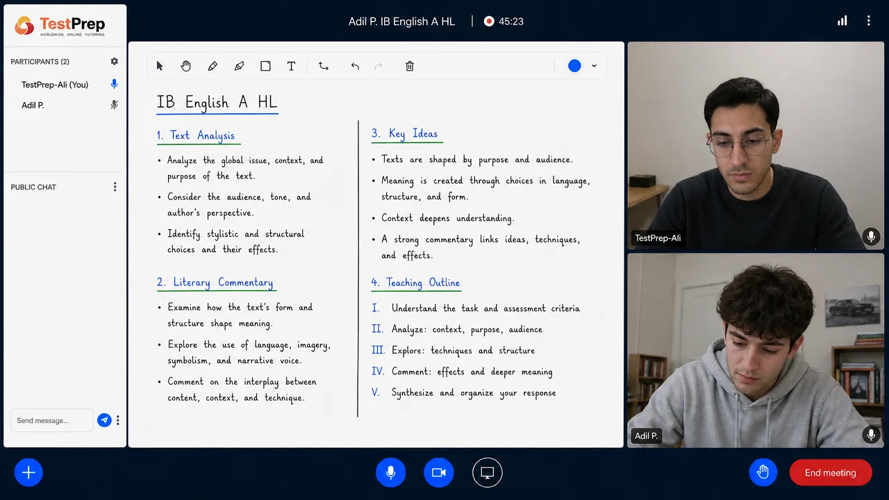 IB IB English A HL Tutoring HL — one-to-one lesson