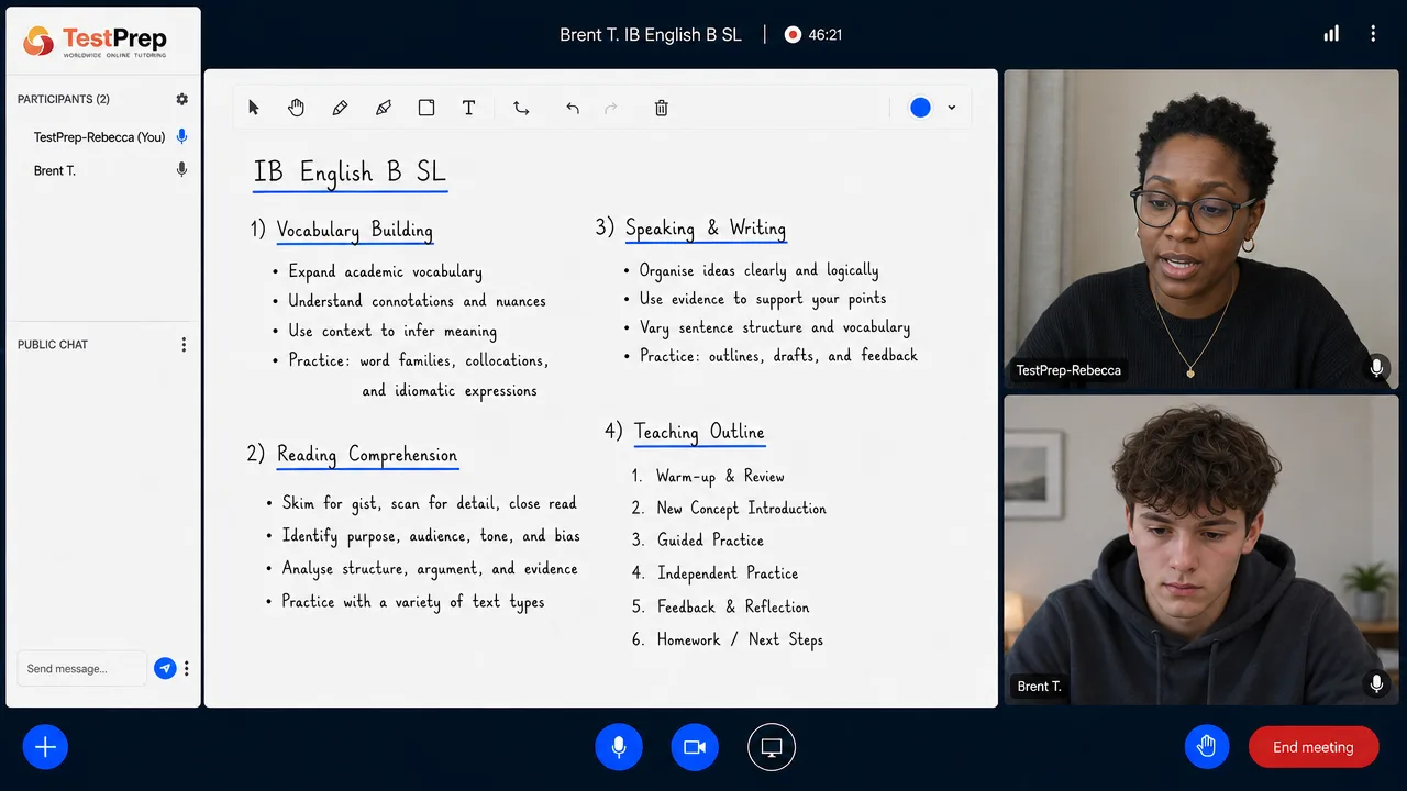 IB IB English B SL Tutoring SL — one-to-one lesson