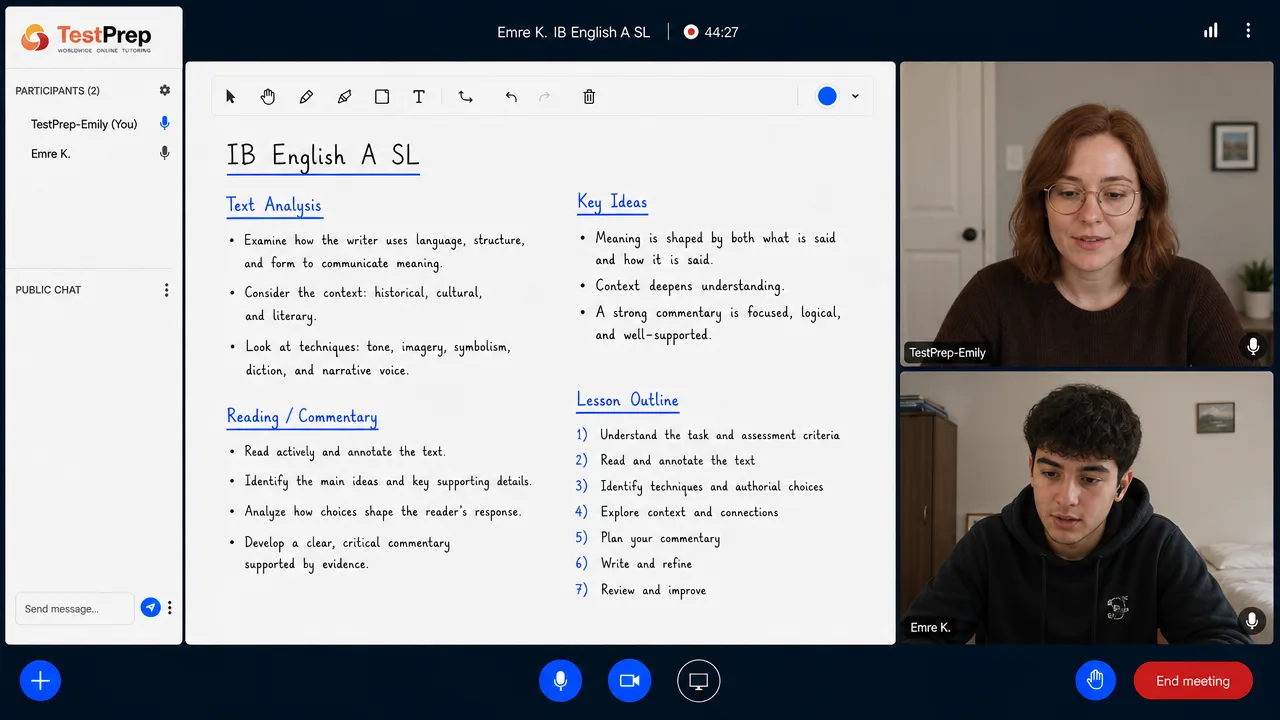 IB IB English A SL Tutoring SL — one-to-one lesson