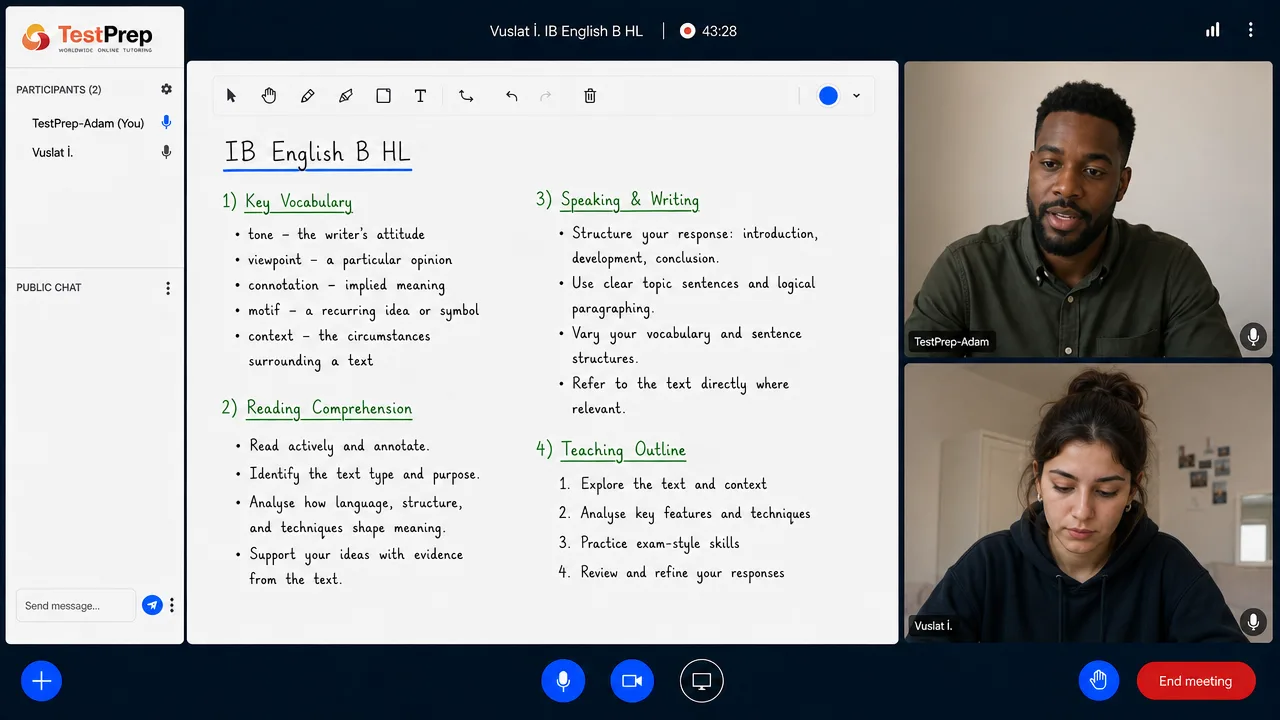 IB IB English B HL Tutoring HL — one-to-one lesson